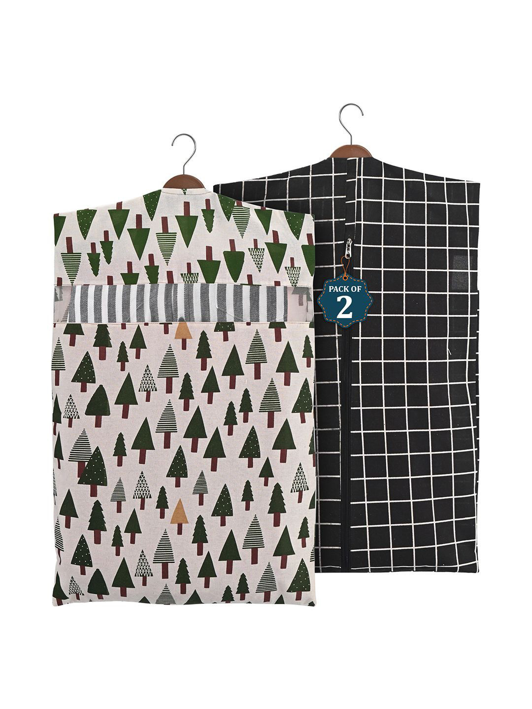 Kuber Industries Black & Green 2 Pieces Printed Cotton Hanging Clothes Organisers