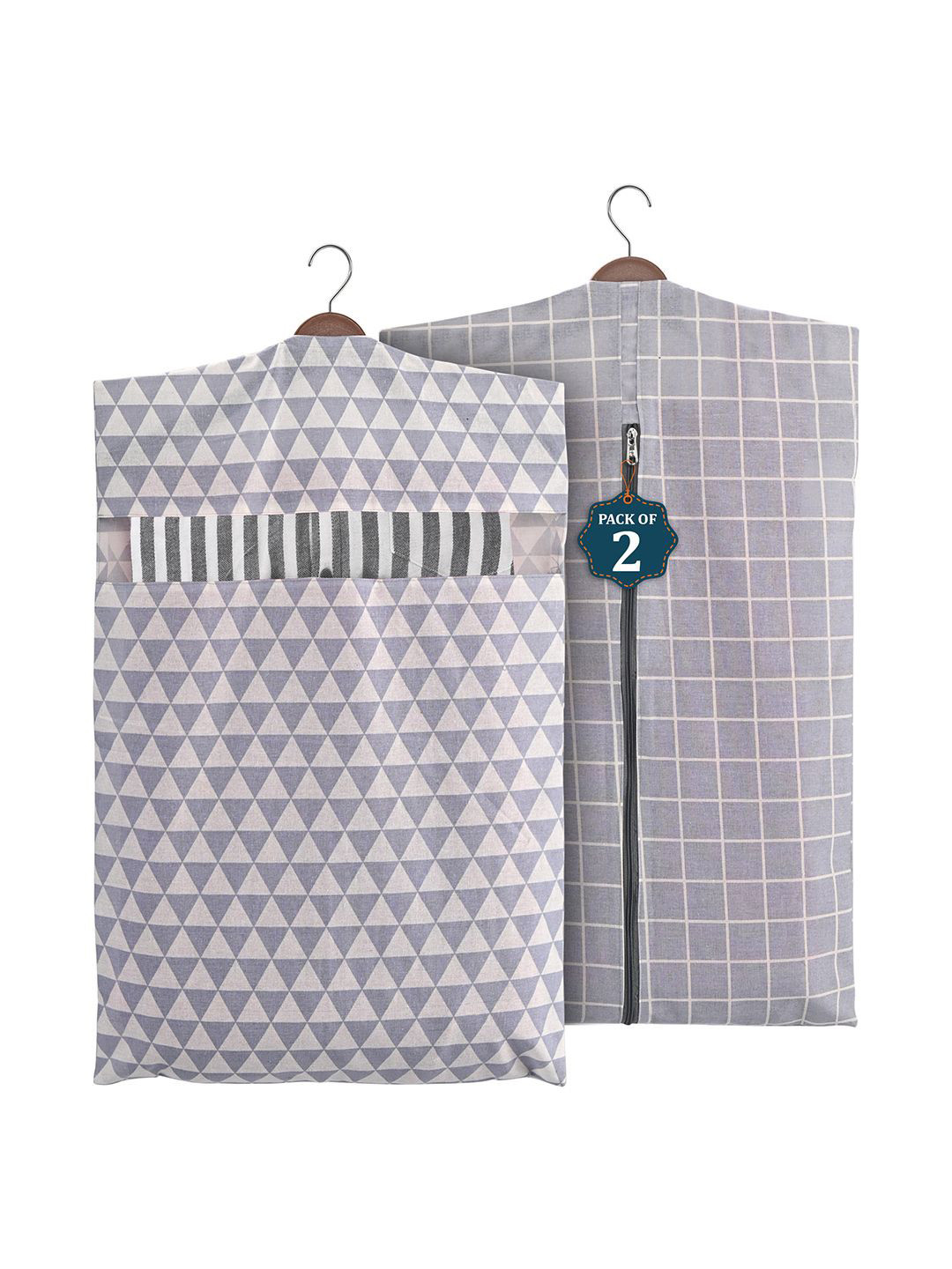 Kuber Industries Grey & White Set Of 2 Printed Cotton Hanging Clothes Packing Organisers