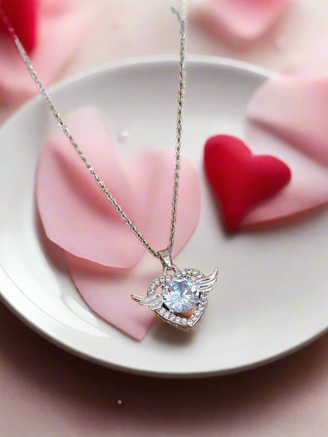 DressBerry Silver-Plated Stainless Steel CA-Studded Angel Wing Heart Pendant & Chain