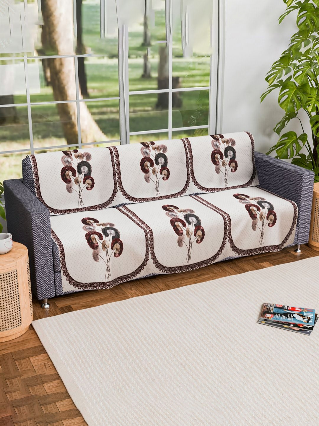 Aura Cream-Coloured & Brown 6 Pieces Floral Printed 3 Seater Velvet Sofa Covers