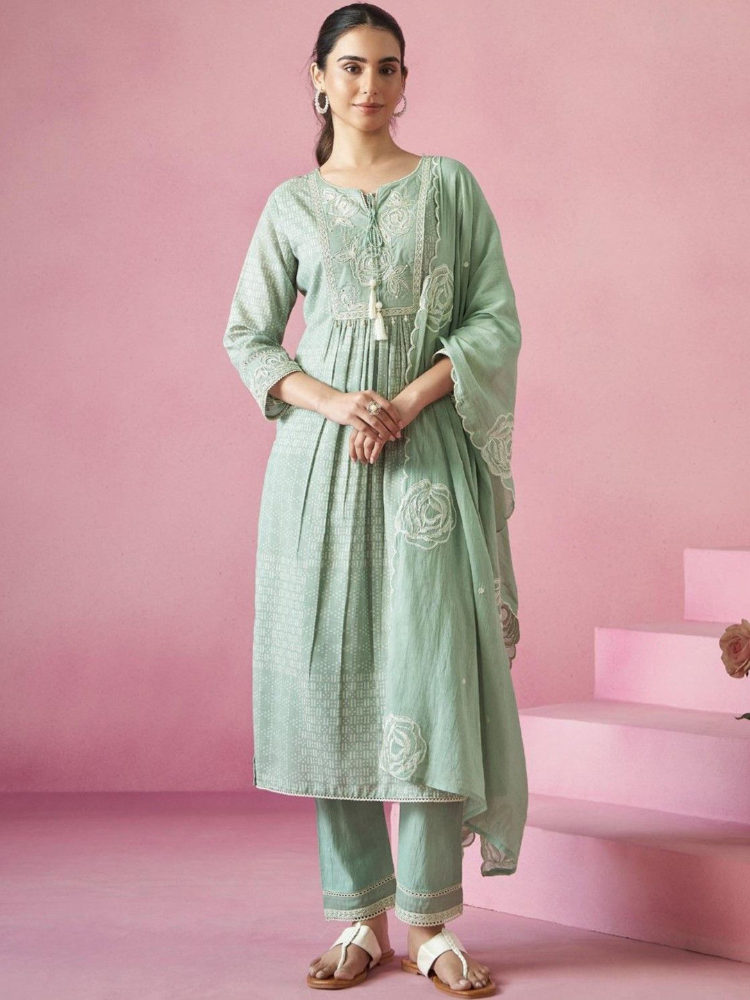 AUTUMN LANE Nadira Laurel Printed Pure Cotton Straight Kurta with Trousers & Dupatta