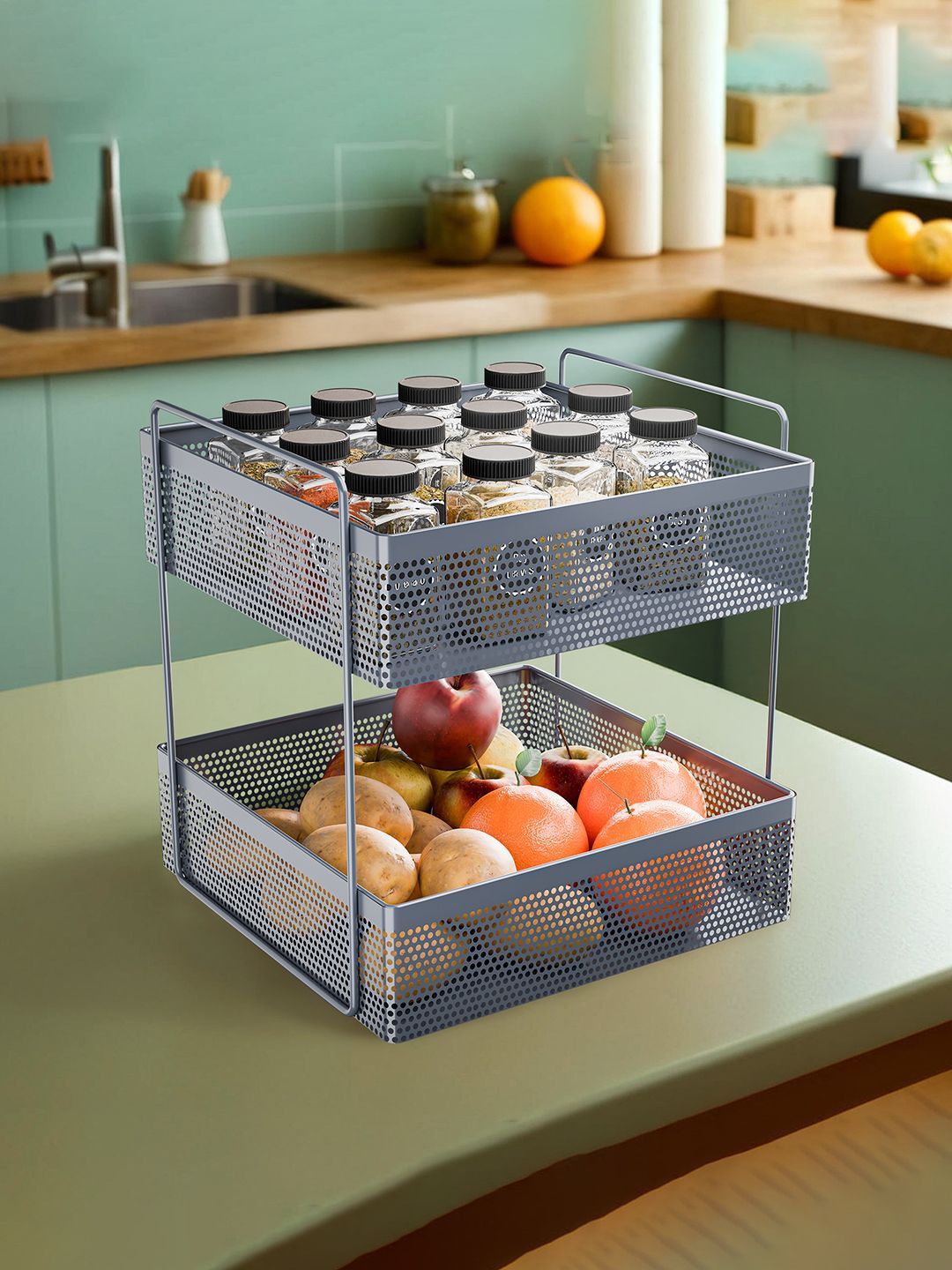 Kuber Industries Grey 2-Tier Metal Square Kitchen Rack Stand Organiser Storage basket