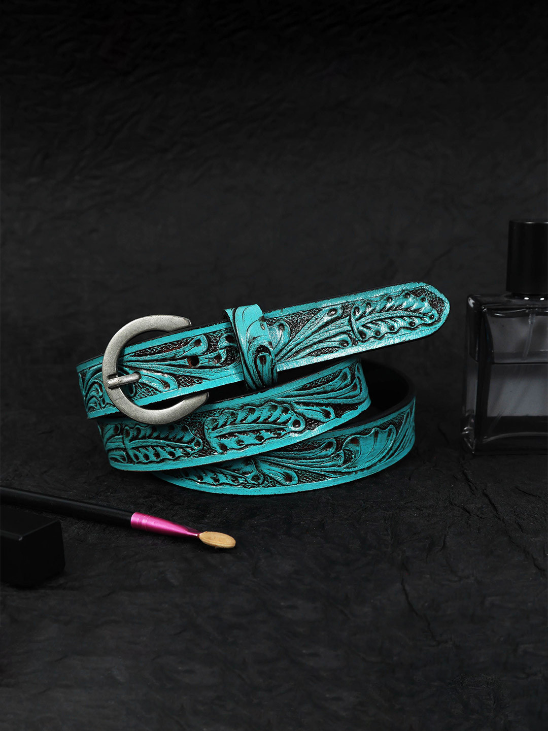 Celtic Women Sea Green & Black Textured Wide Leather Belt with Tang Closure