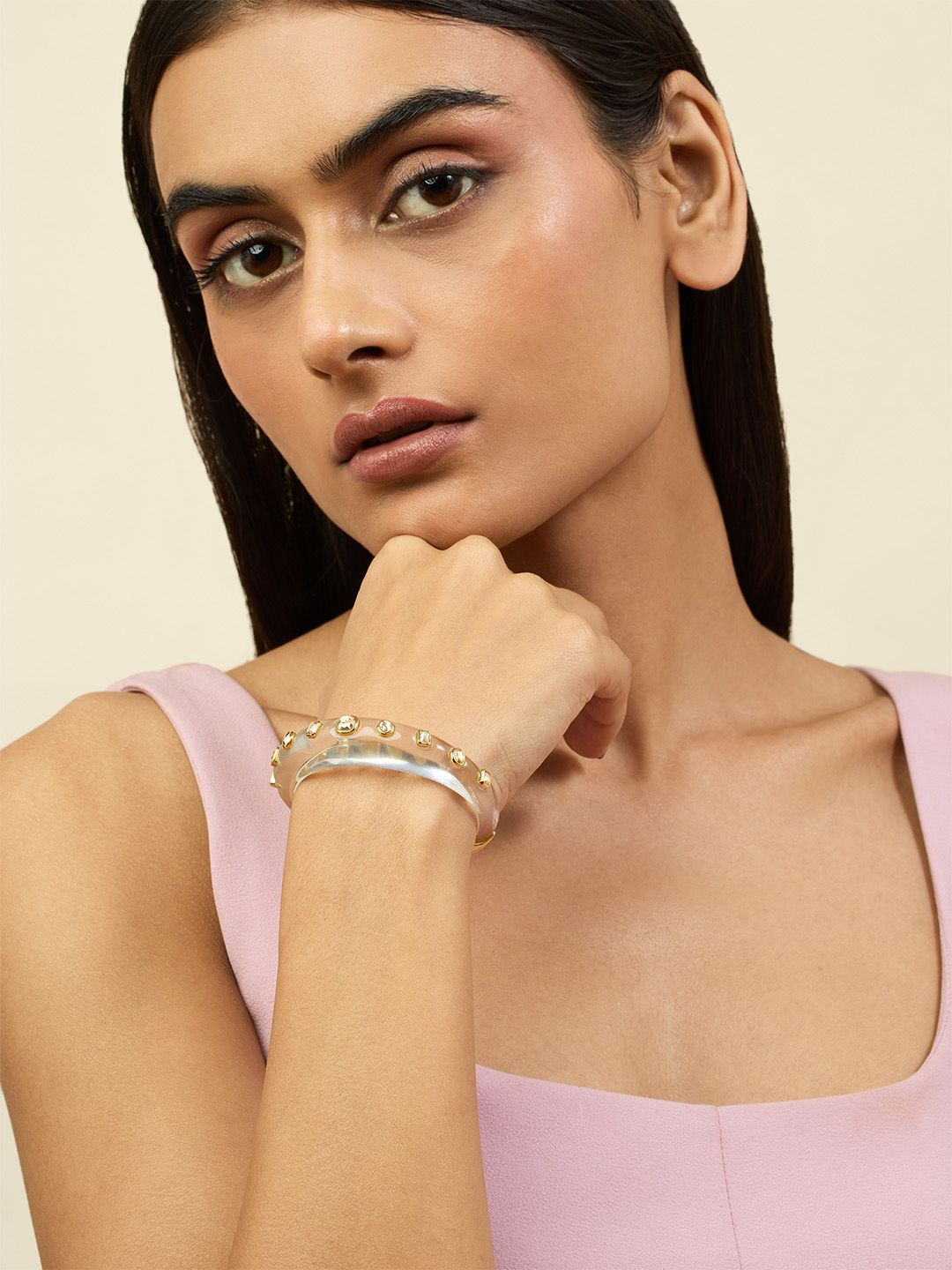 Isharya Women Brass 18KT Gold-Plated Crystals Studded Clear Core Resin Cuff Bracelet