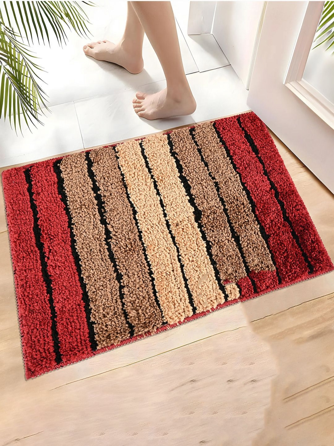Aura Cream-Coloured & Maroon Striped Microfibre Rectangle Soft Anti-Skid Doormat