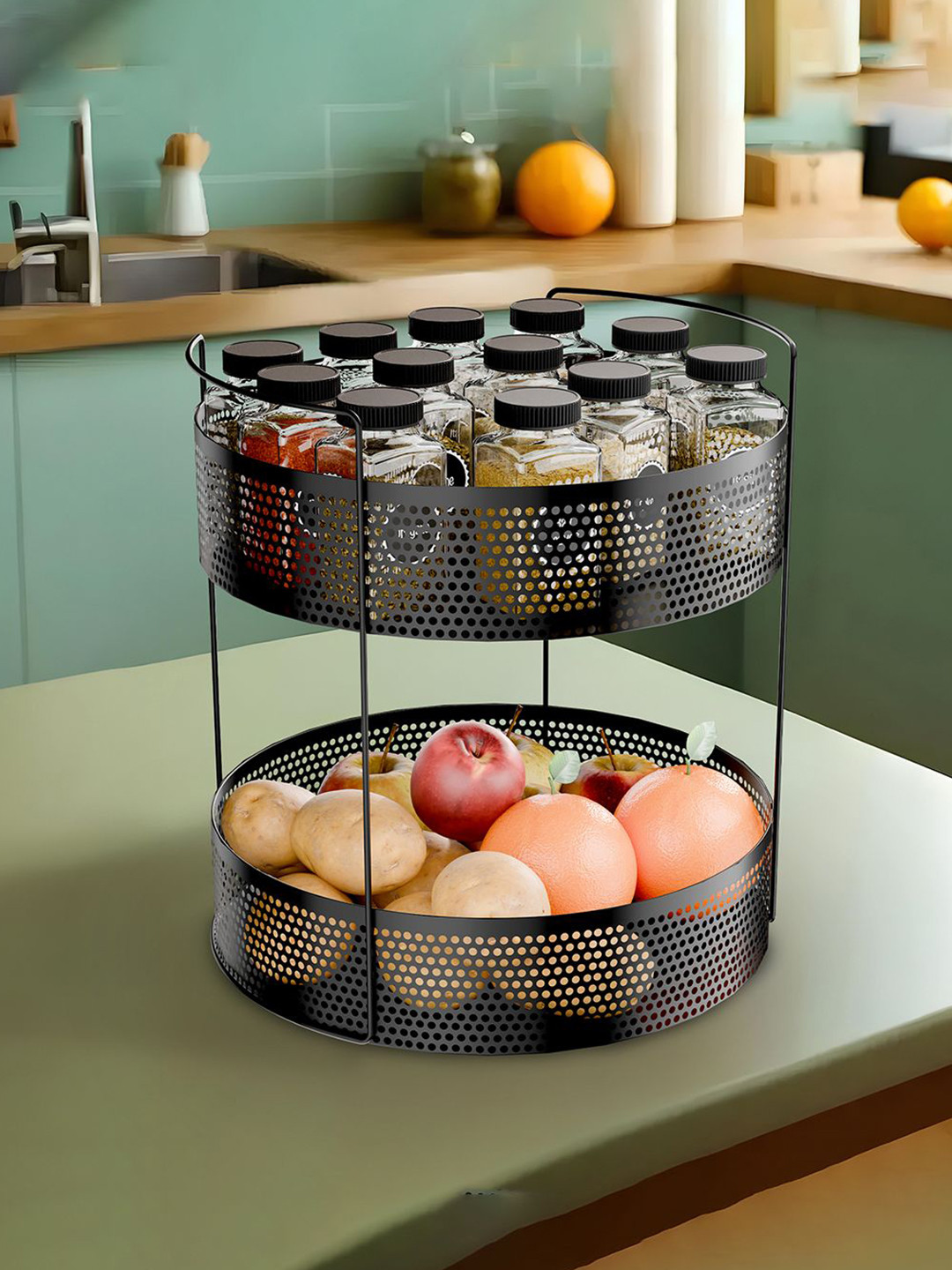 Kuber Industries Black 2-Tier Metal Round Kitchen Rack Stand Countertop Organizer Basket