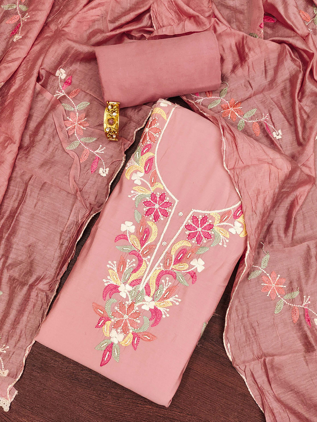 SHADOW & SAINING Floral Embroidered Roman Silk Semi-Stitched Dress Material