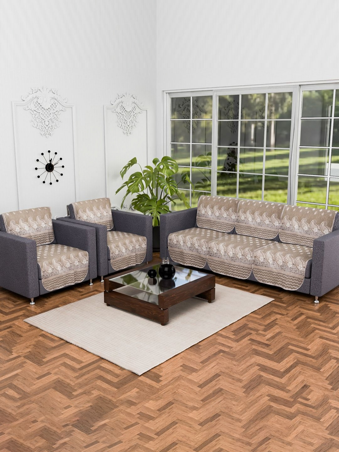 Aura Carry Vento Brown & White 10 Pieces Ethnic Motifs Printed 5 Seater Cotton Sofa Covers