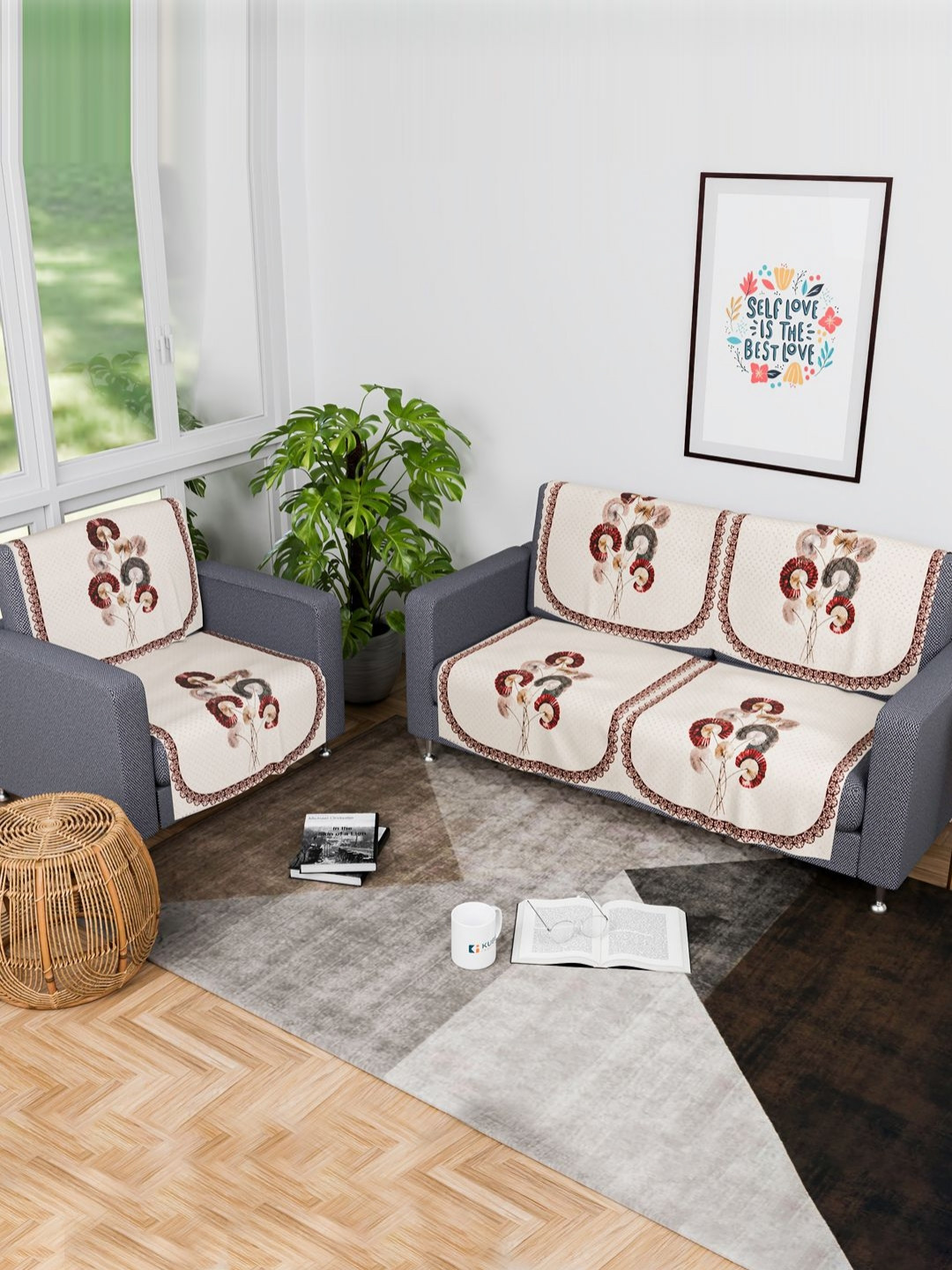 Aura Cream-Coloured & Red 6 Pieces Floral Printed 3 Seater Velvet Sofa Covers