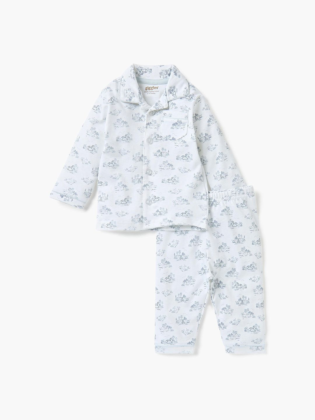 Giggles by Babyshop Boys Printed Lapel Collar Pure Cotton Shirt With Pyjamas