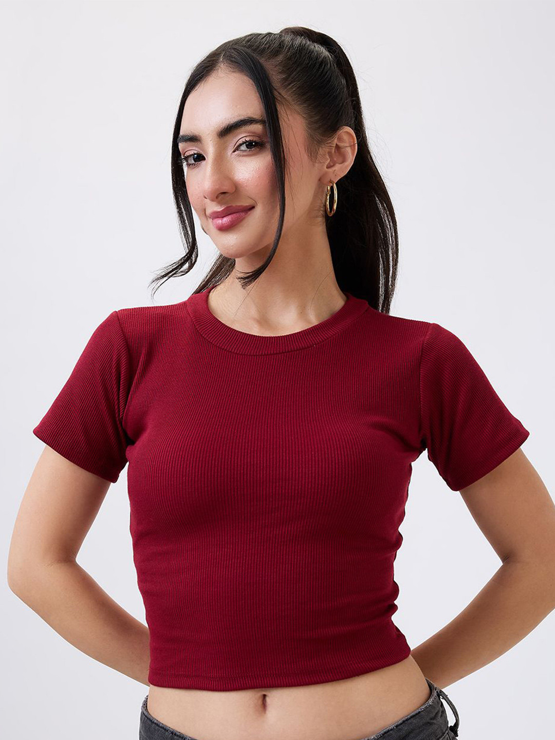 SZN Women Maroon Ribbed Crop Top