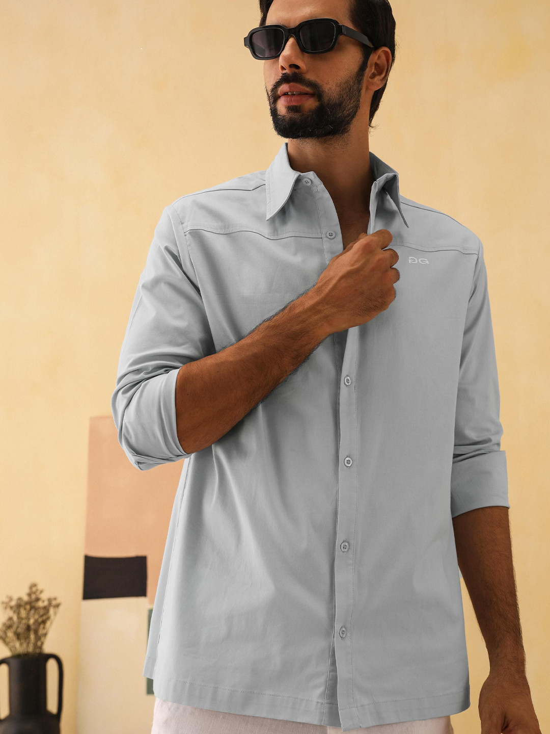 PRIMAL GRAY Men Oversized Fit Spread Collar Solid Cotton Casual Shirt