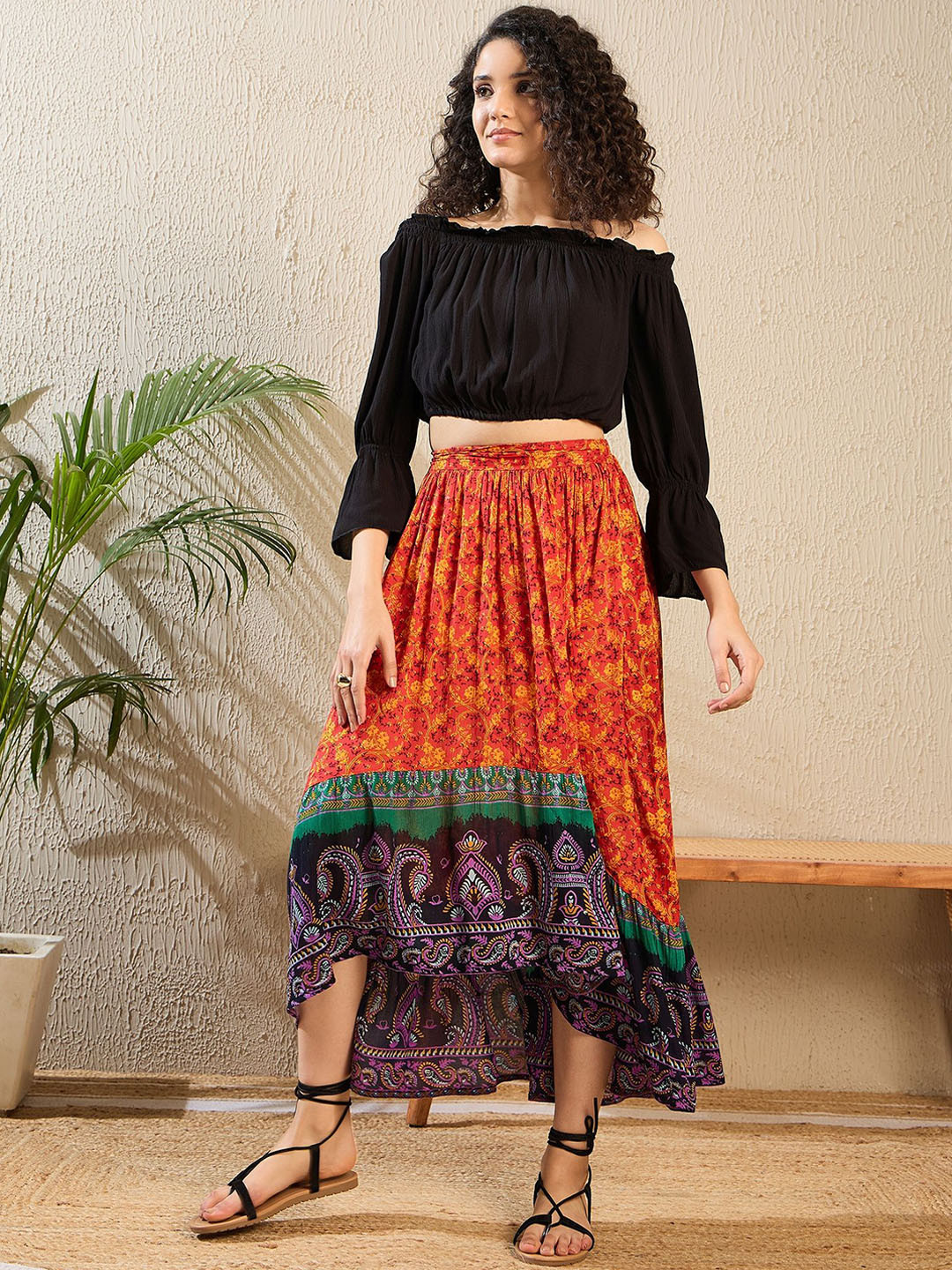 StyleStone Printed Pure Cotton Off Shoulder Neck Top With Hi-Low Skirt Co-Ords