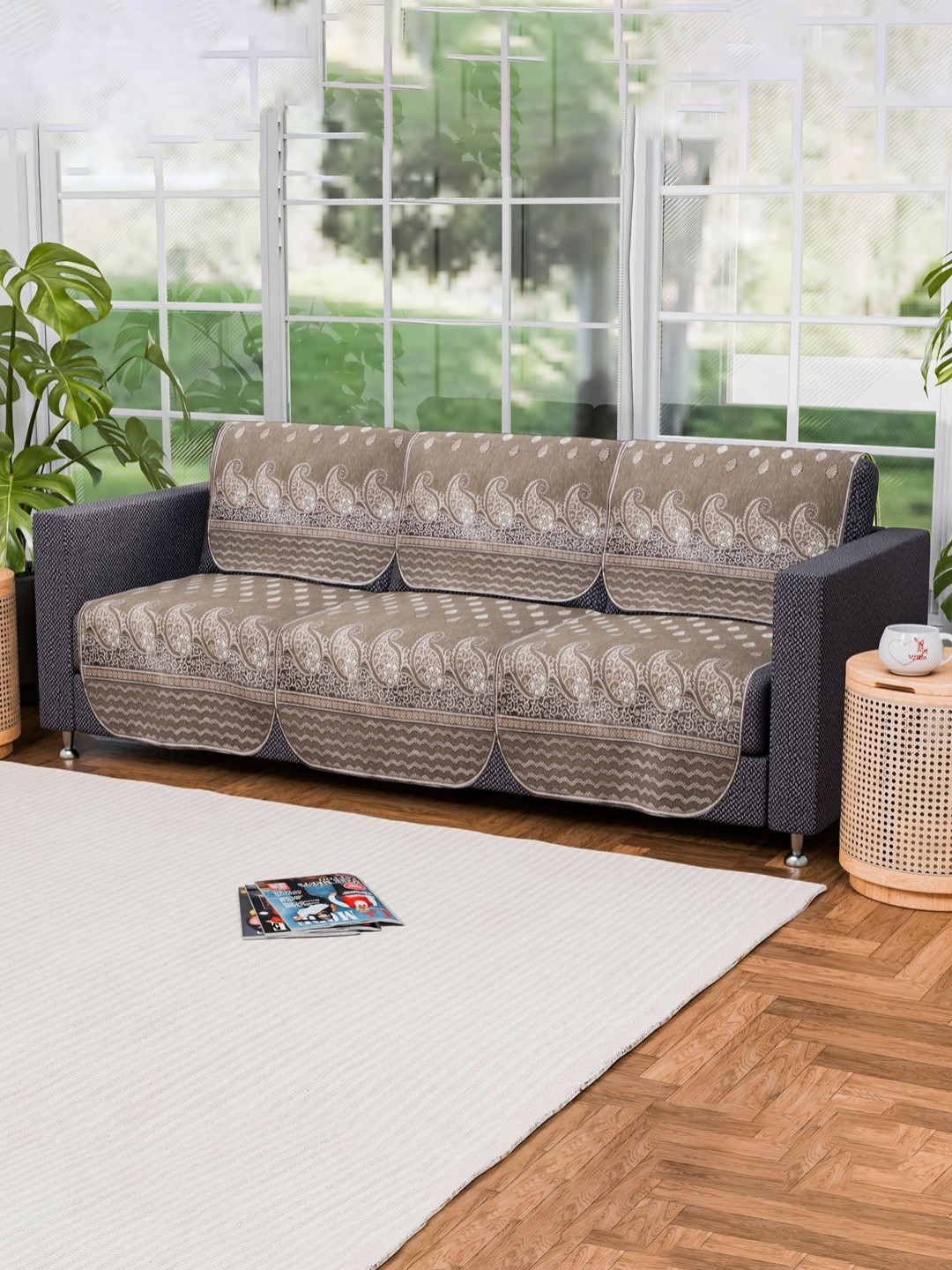 Aura Mousse Brown & White 6 Pieces Ethnic Motifs Printed 3 Seater Cotton Sofa Covers