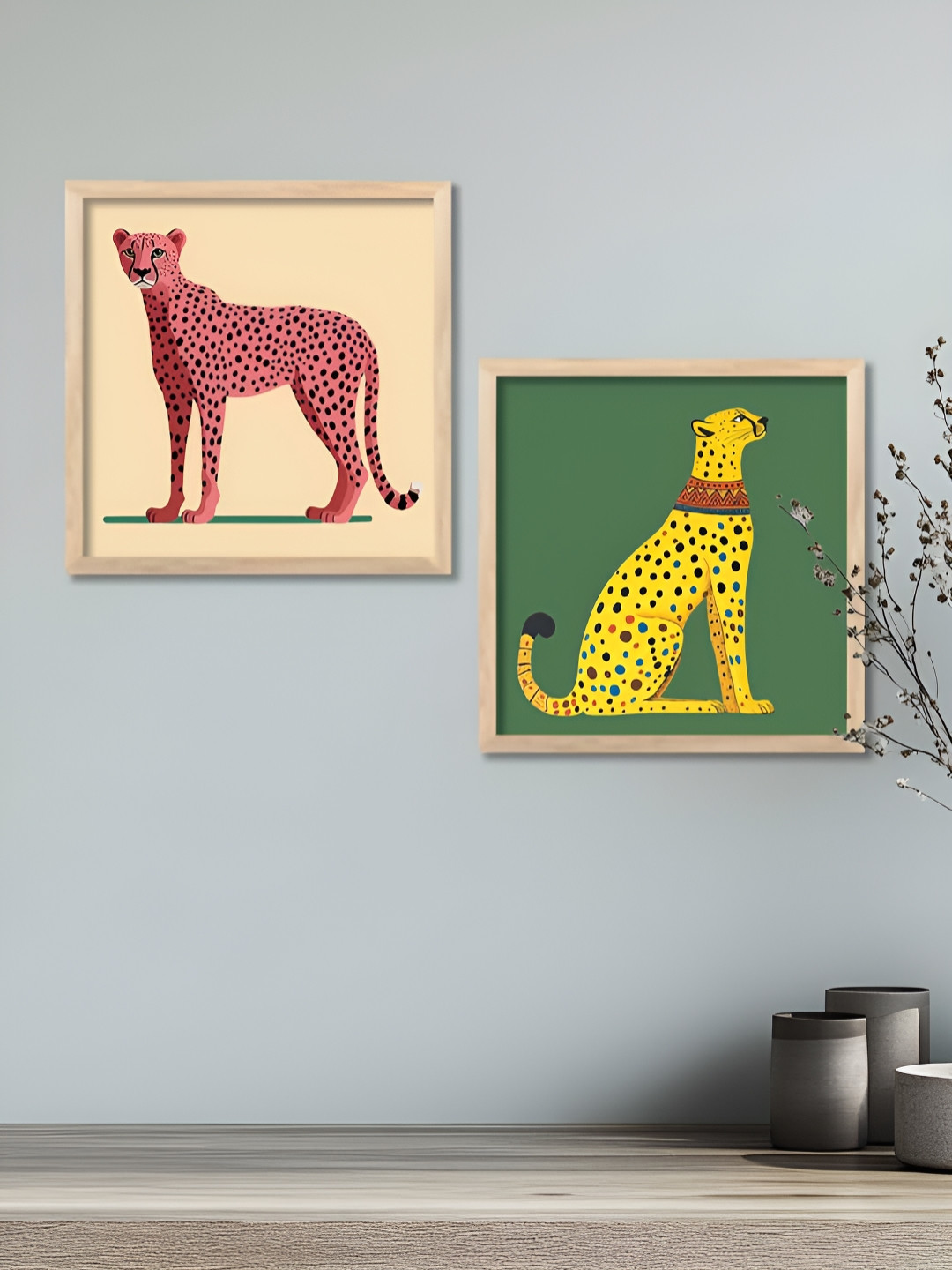 Kotart Peach-Coloured & Green 2 Pieces Animal Printed Wooden Wall Paintings
