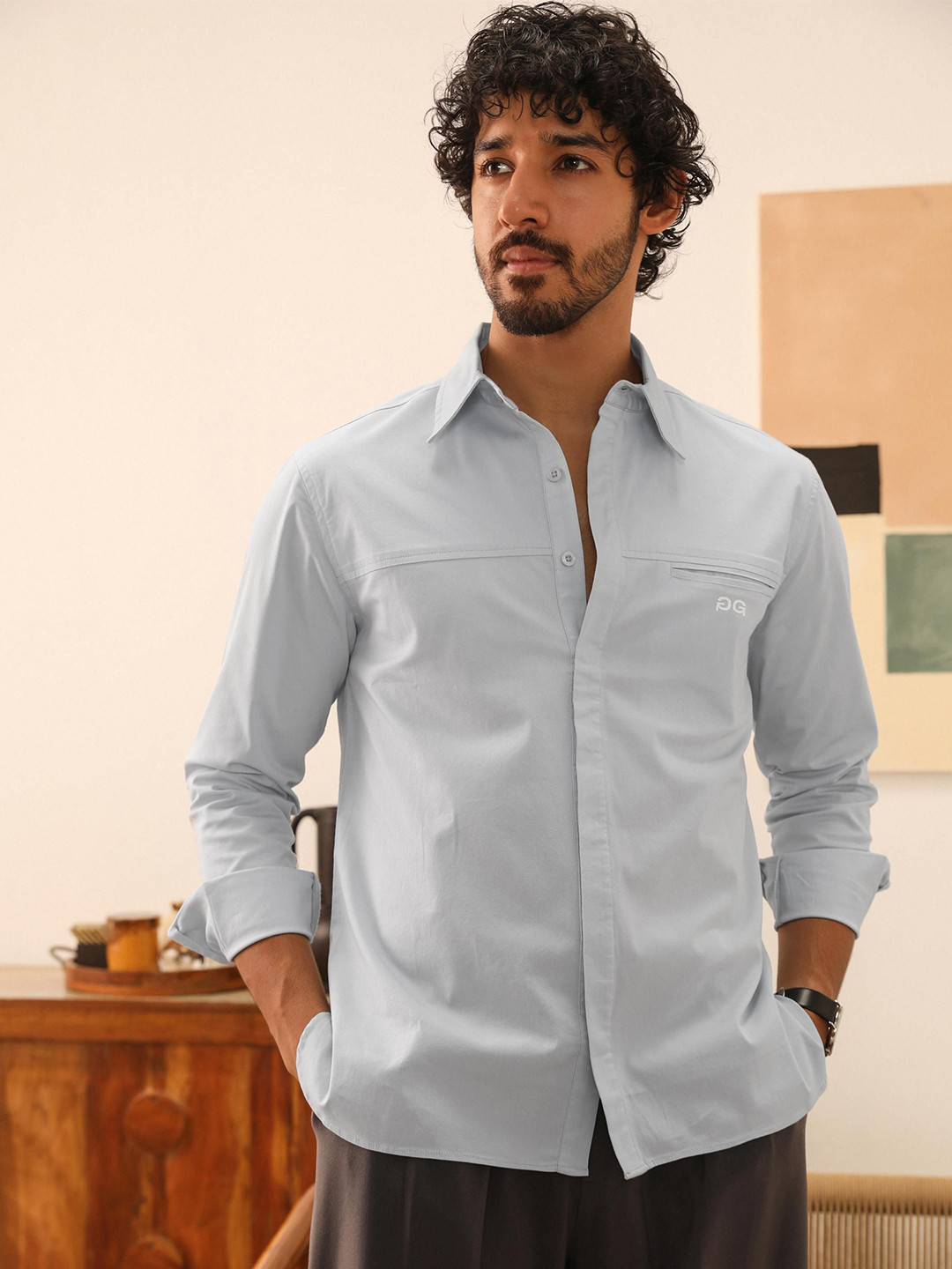 PRIMAL GRAY Men Spread Collar Solid Cotton Casual Shirt