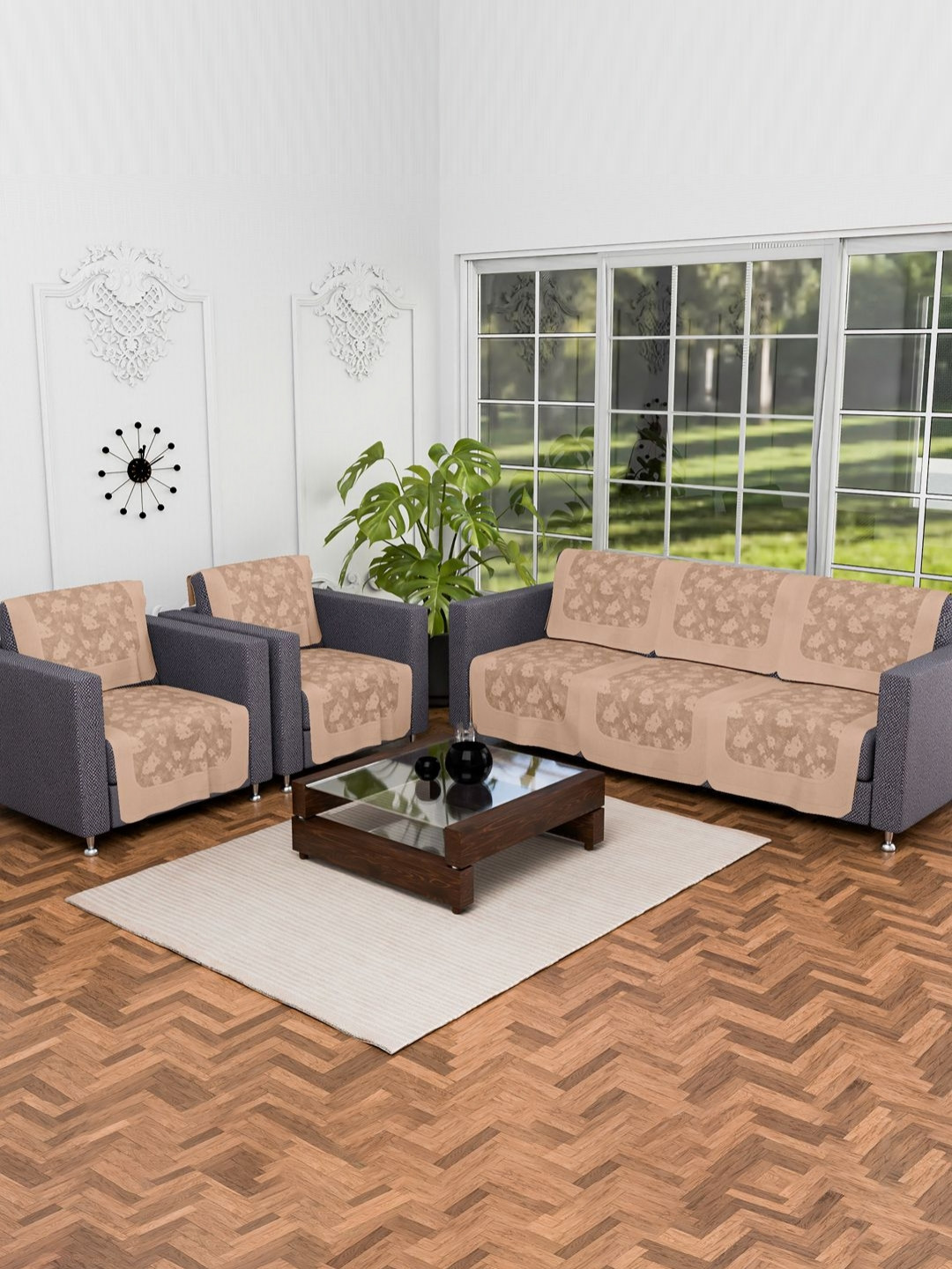 Aura Hawaii Brown 10 Pieces Floral Printed 5 Seater Cotton Anti Skid Sofa Covers