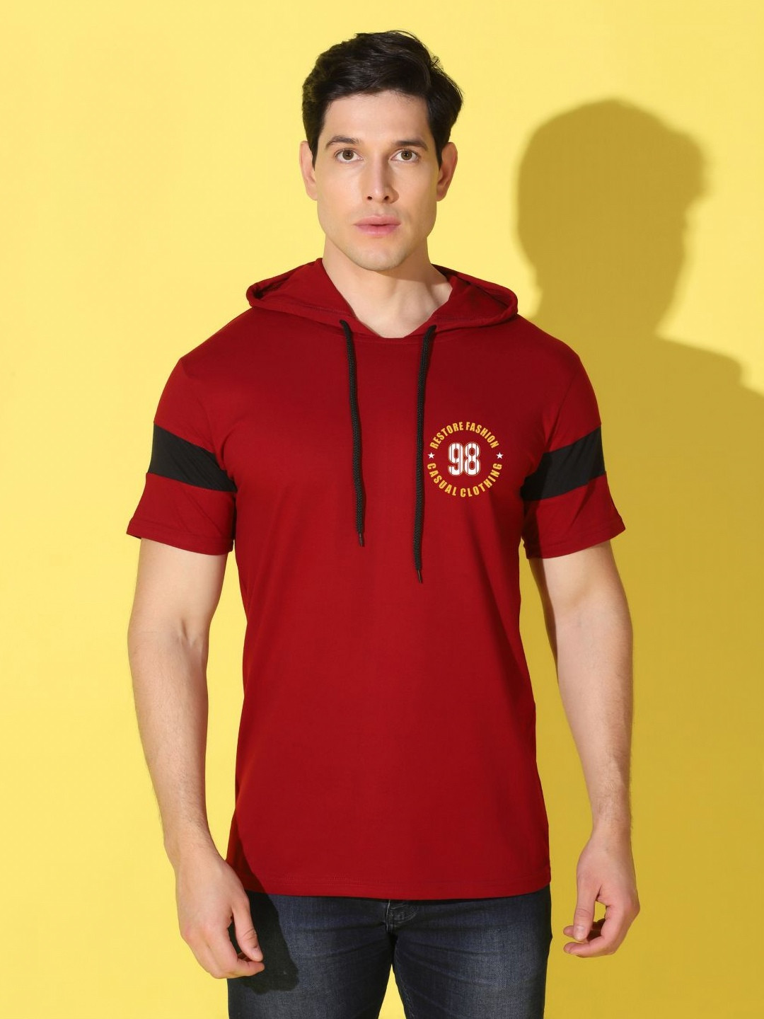 WOOSTRO Men Typography Printed Hooded Cotton Slim Fit T-shirt