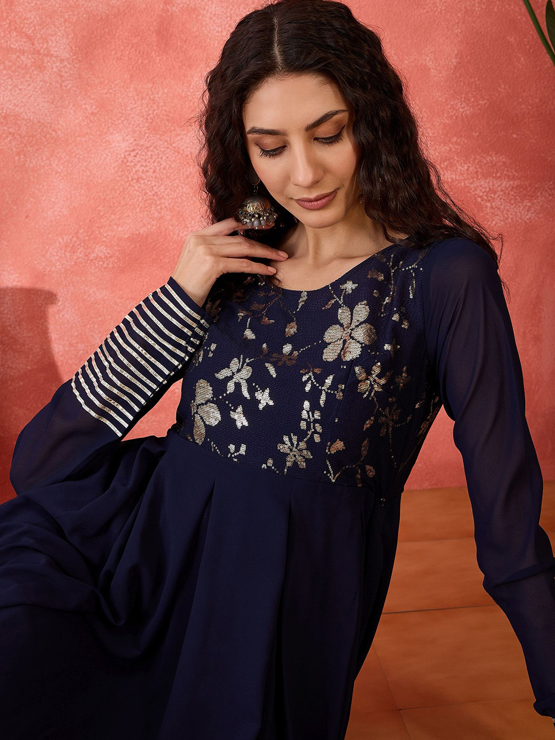 Sangria Embroidered Flared Maxi Ethnic Dress