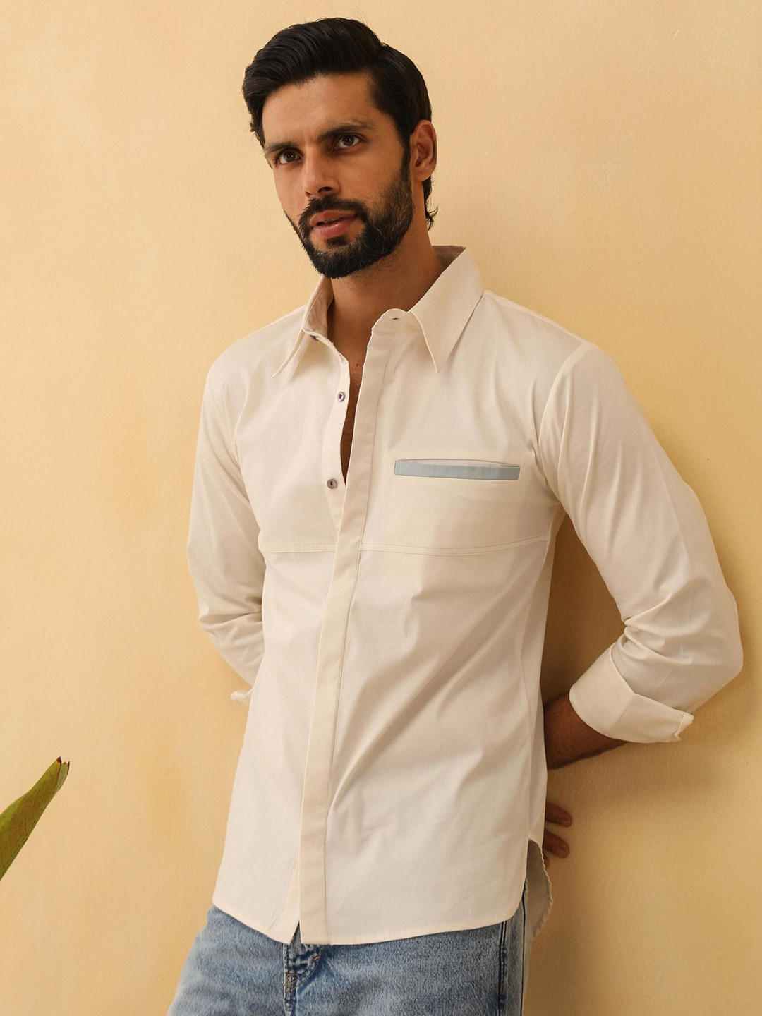 PRIMAL GRAY Men Spread Collar Solid Cotton Casual Shirt