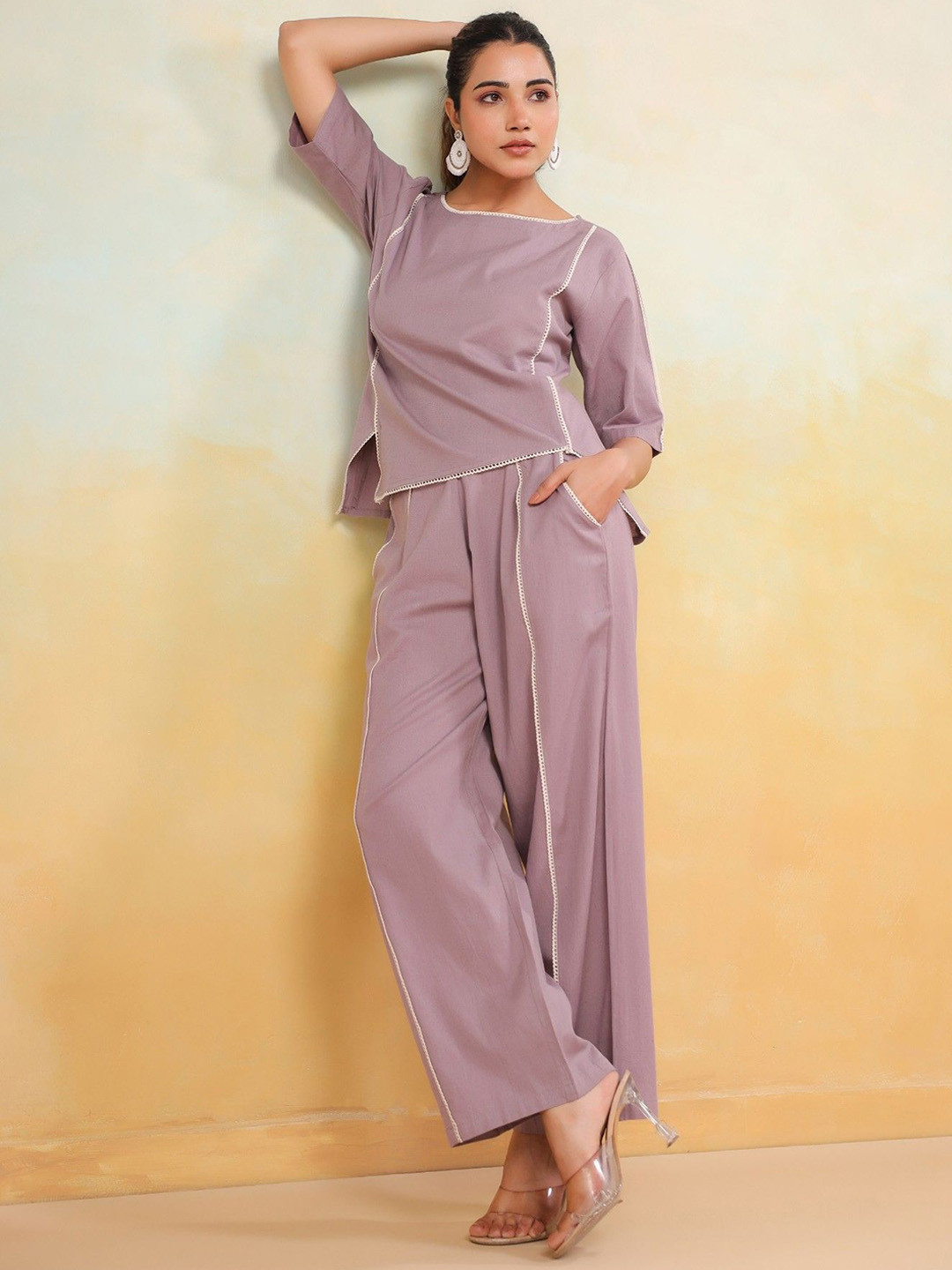 FLAVIA CREATION Round Neck Pure Cotton Top WithTrousers