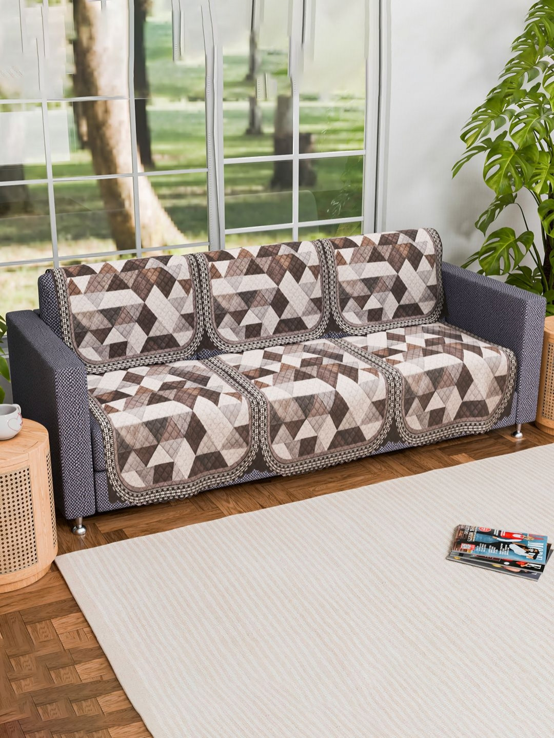 Aura Cream-Coloured & Brown 6 Pieces Geometric Printed 3 Seater Velvet Sofa Covers