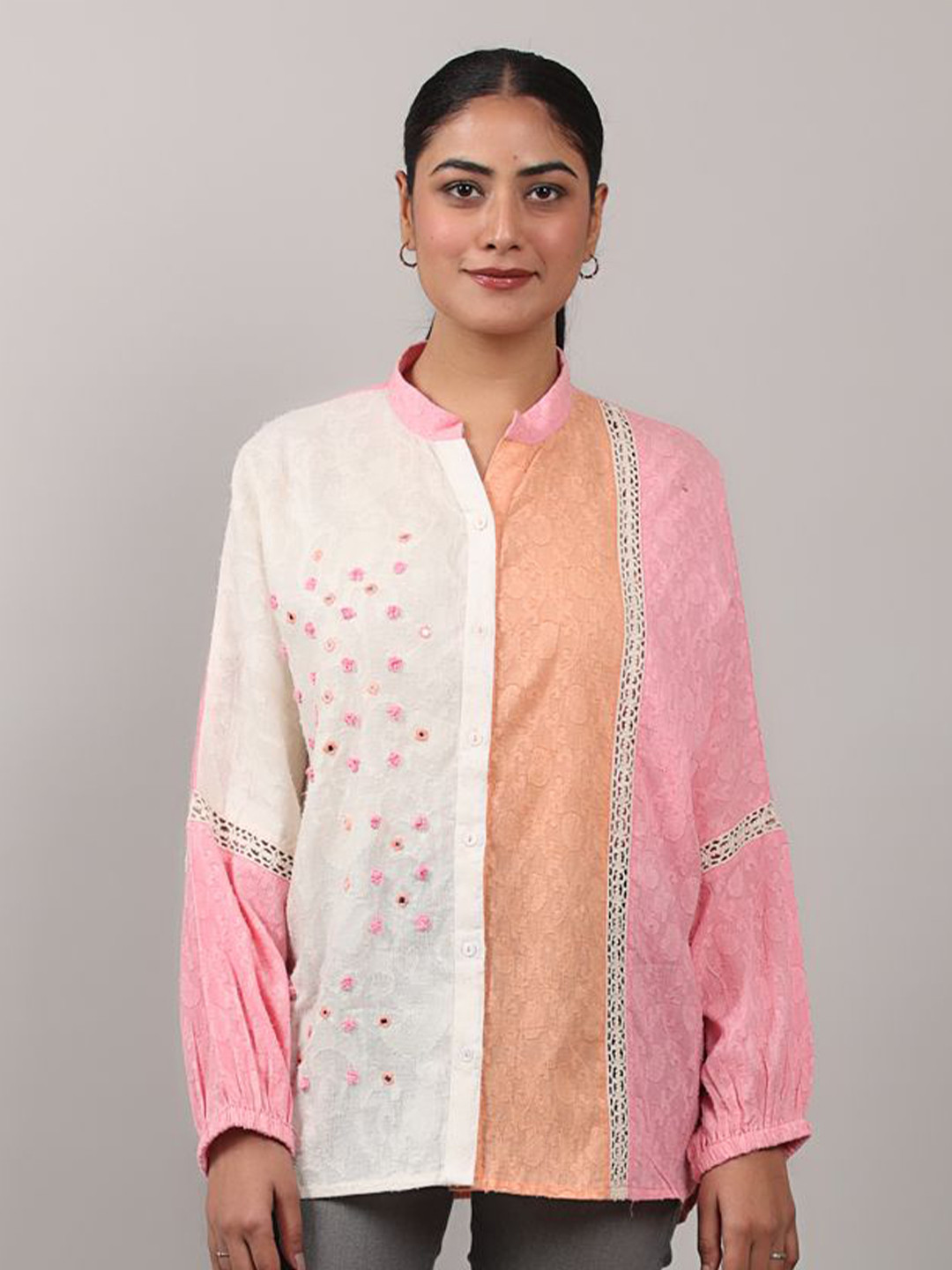 Oskos Embroidered Mandarin Collar Cotton Boxy Top