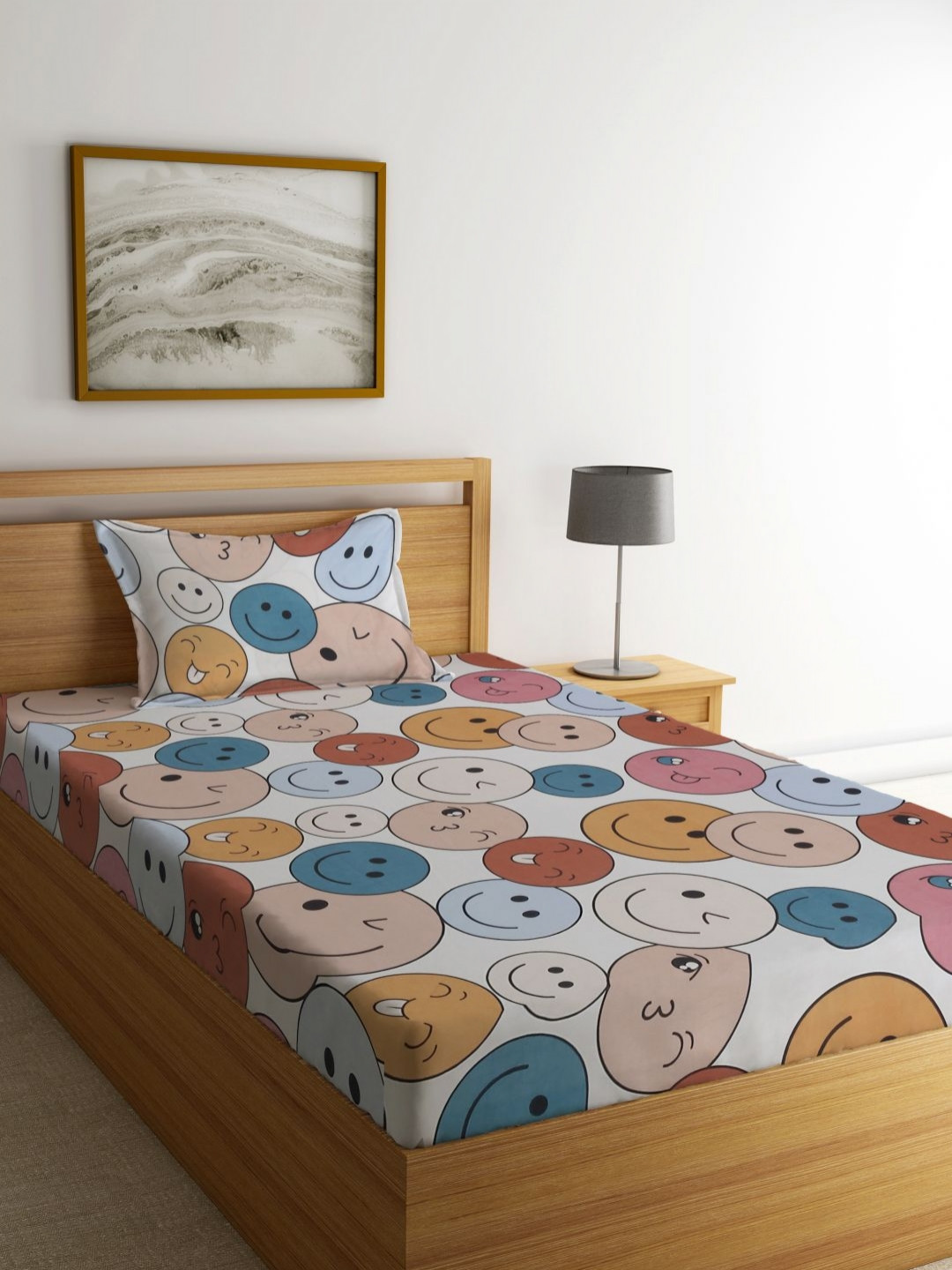 Myntra Elegant Homes White Conversational Cotton 300 TC Single Fine Bedsheet with a Pillow Cover-87 x 59 inches