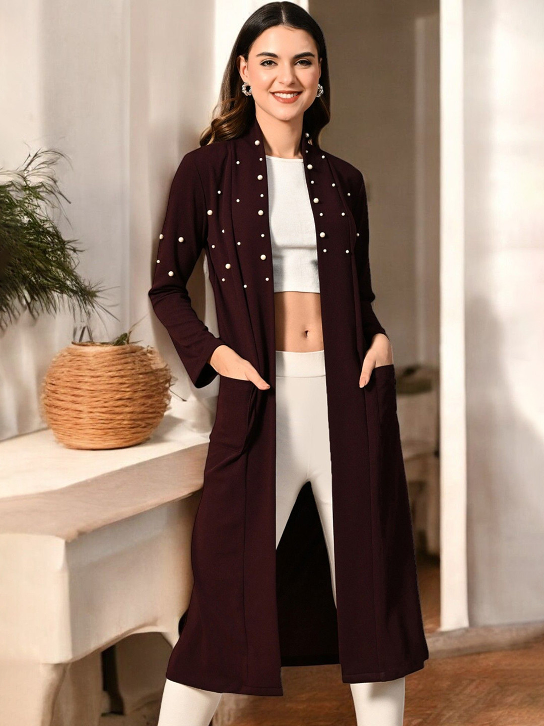 ZEUGEN Beads And Stones Open Front Long Sleeves Shrug