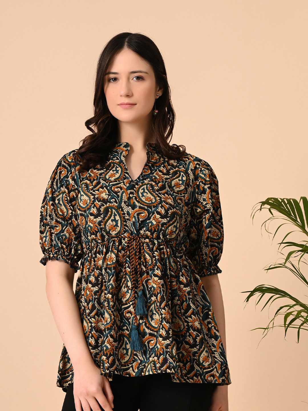 SANTOLIYA Floral Print Ethnic Cotton Peplum Top