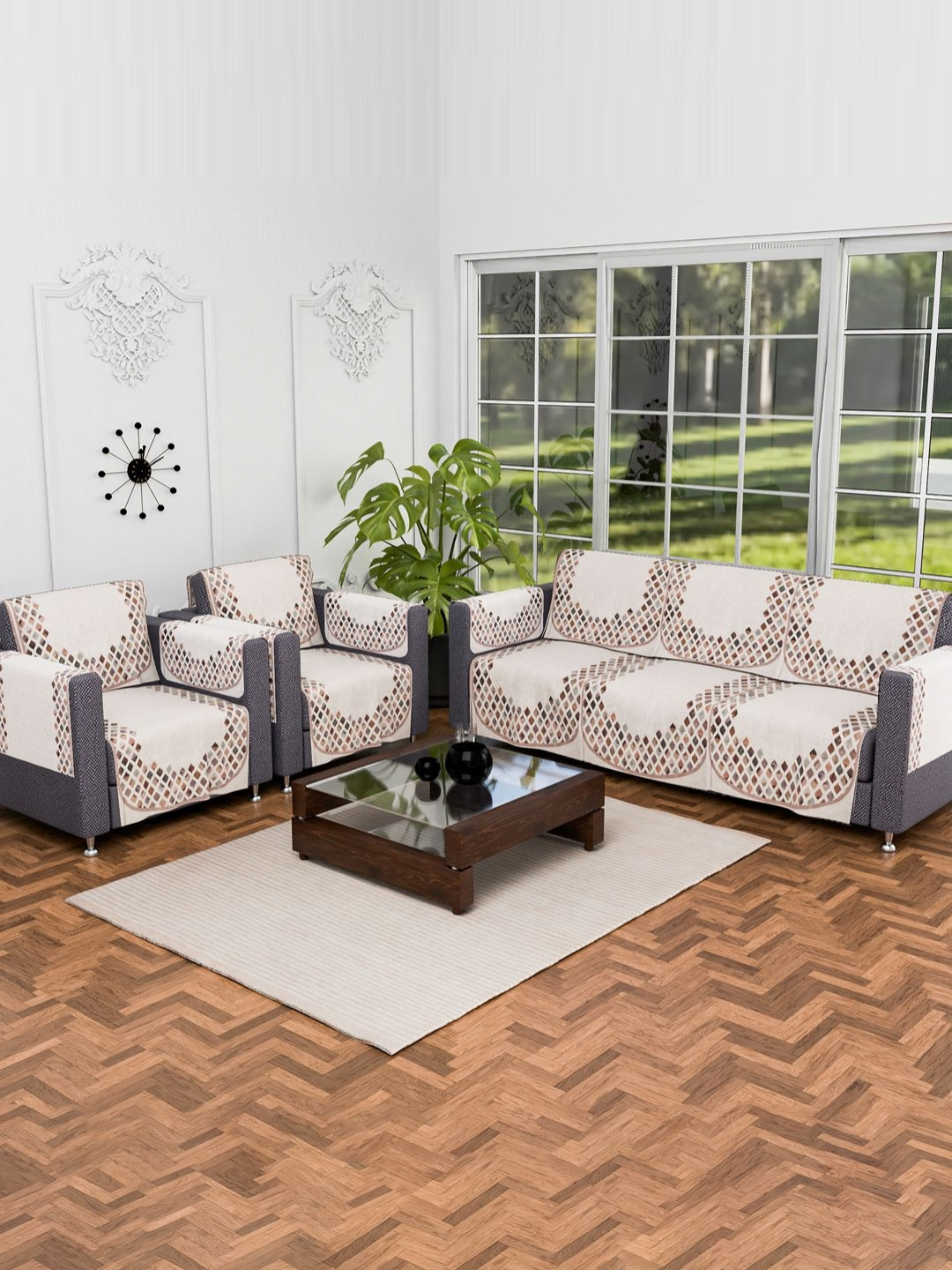 Aura Cream-Coloured 16 Pcs Geometric Printed 3 Seater Velvet Sofa Cover & Arm Covers