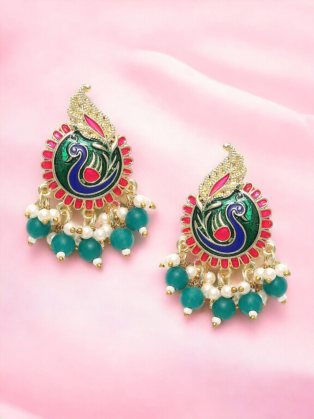 Anouk Artificial Stone Studded & Beaded Peacock Shaped Meenakari Drop Earrings