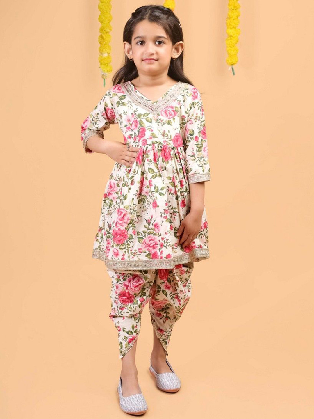 AATYA KIIDS Girls Floral Printed Pleated Gotta Patti Pure Cotton Anarkali Kurta & Dhoti