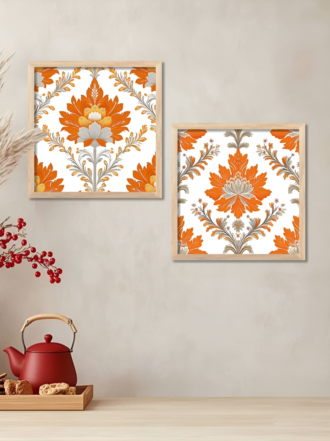 Kotart Brown & White 2 Pieces Madhubani Printed Wooden Wall Paintings