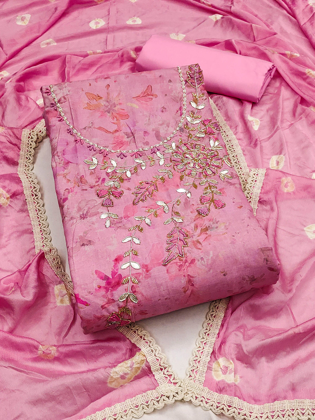 SHADOW & SAINING Floral Printed Beads Work Cembric Cotton Unstitched Dress Material