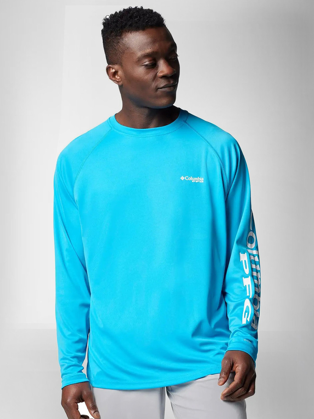 Columbia Men Blue Omni Wick Terminal Tackle Heather Long Sleeve Shirt