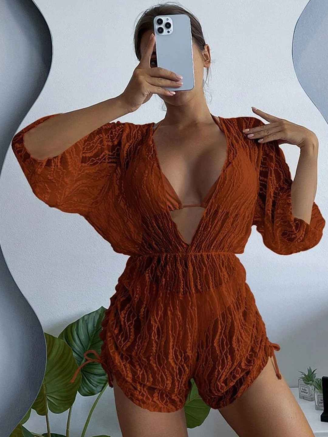 Plus Curvves 3 Pieces Self design Halter Neck Triangle Bikini And Swimsuit Set