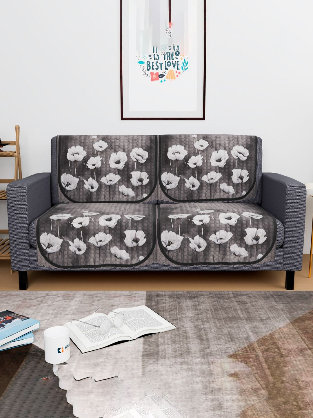 Aura Green & White 4 Pieces Floral Printed 4 Seater Velvet Sofa Covers