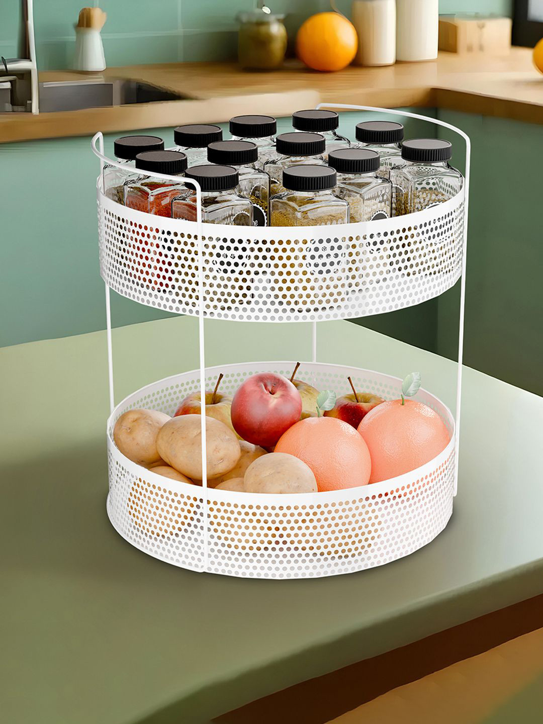 Kuber Industries White 2 Tier Round Kitchen Rack Countertop Storage Rack Shelf Rack