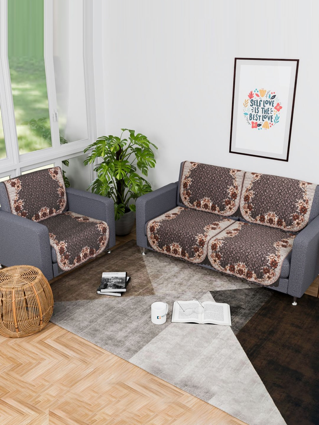 Aura Olive Green & Brown 6 Pieces Floral Printed 3 Seater Sofa Covers