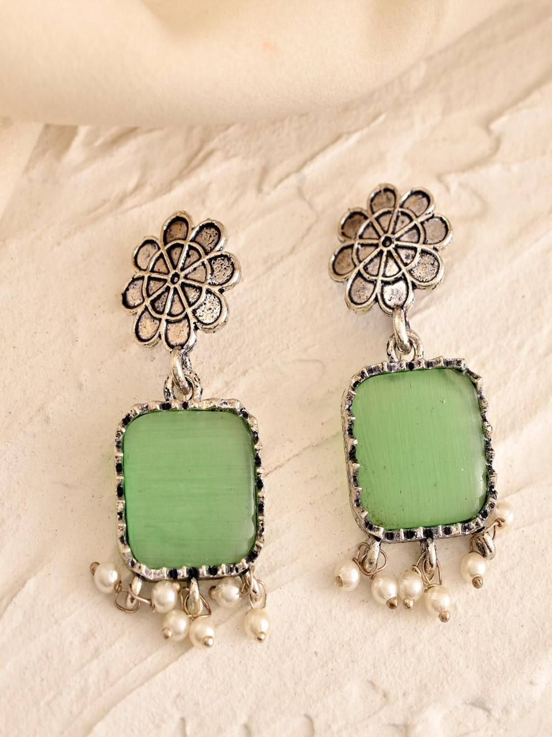 STYYO Silver-Plated Artificial Stones and Beads Floral Drop Earrings