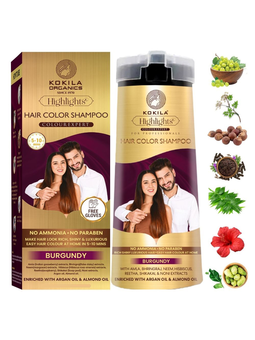 KOKILA Highlights Long-Lasting Hair Color Shampoo With Argan & Almond Oil 400ml - Burgundy