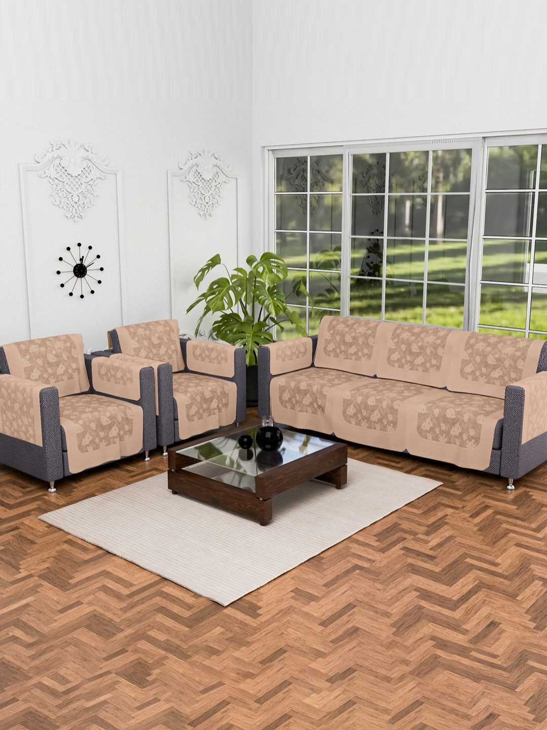 Aura Hawaii Camel Brown 16 Pieces Floral Printed 5 Seater Velvet Sofa Covers