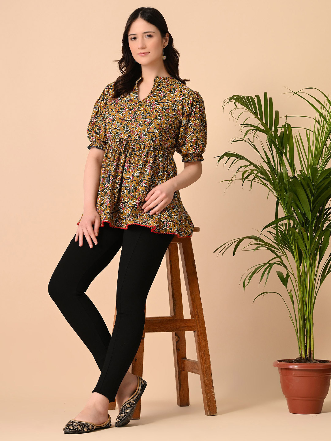 SANTOLIYA Floral Print Ethnic Cotton Peplum Top
