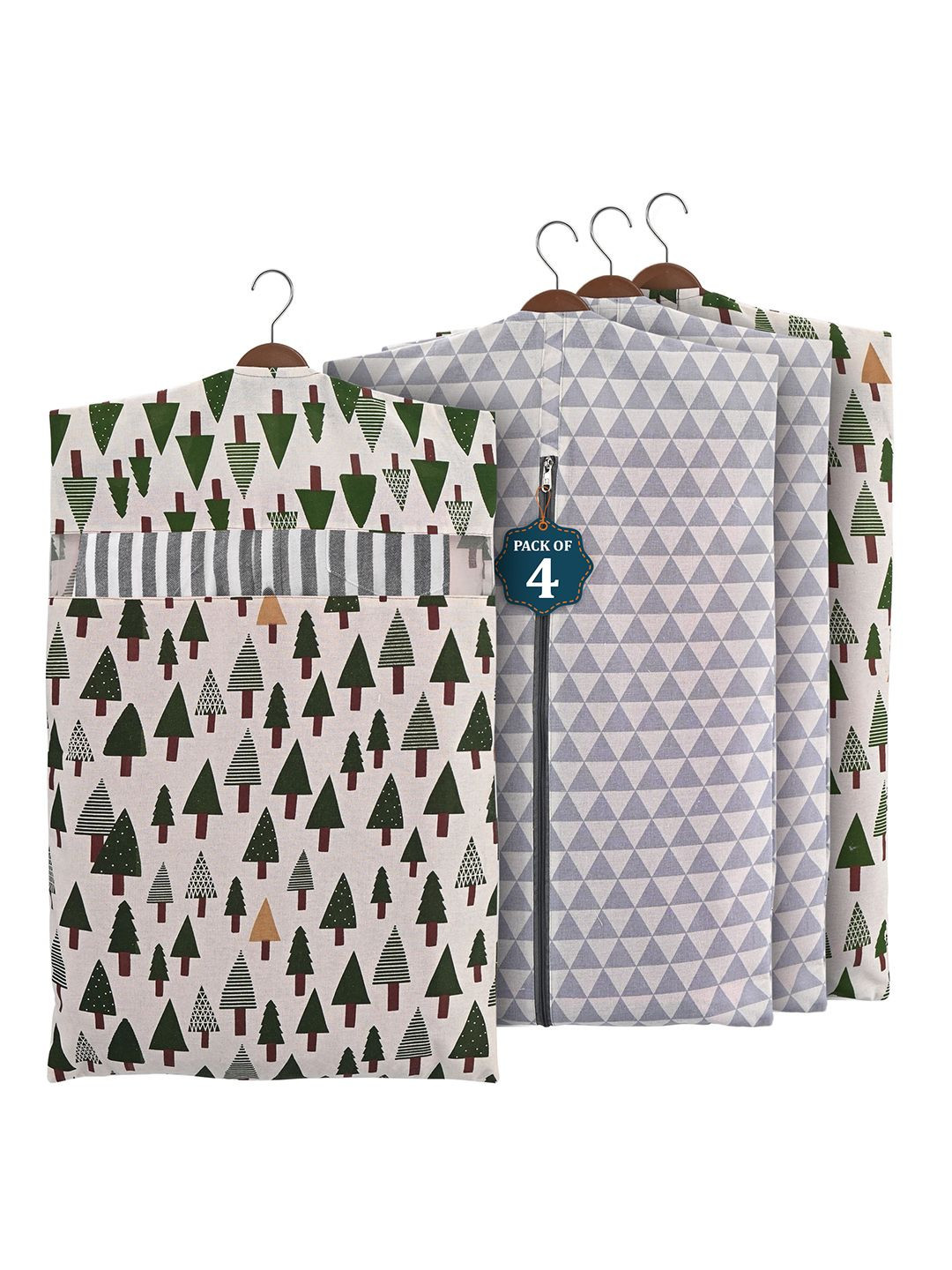 Kuber Industries Grey & Green 4 Pieces Printed Cotton Hanging Clothes Organisers