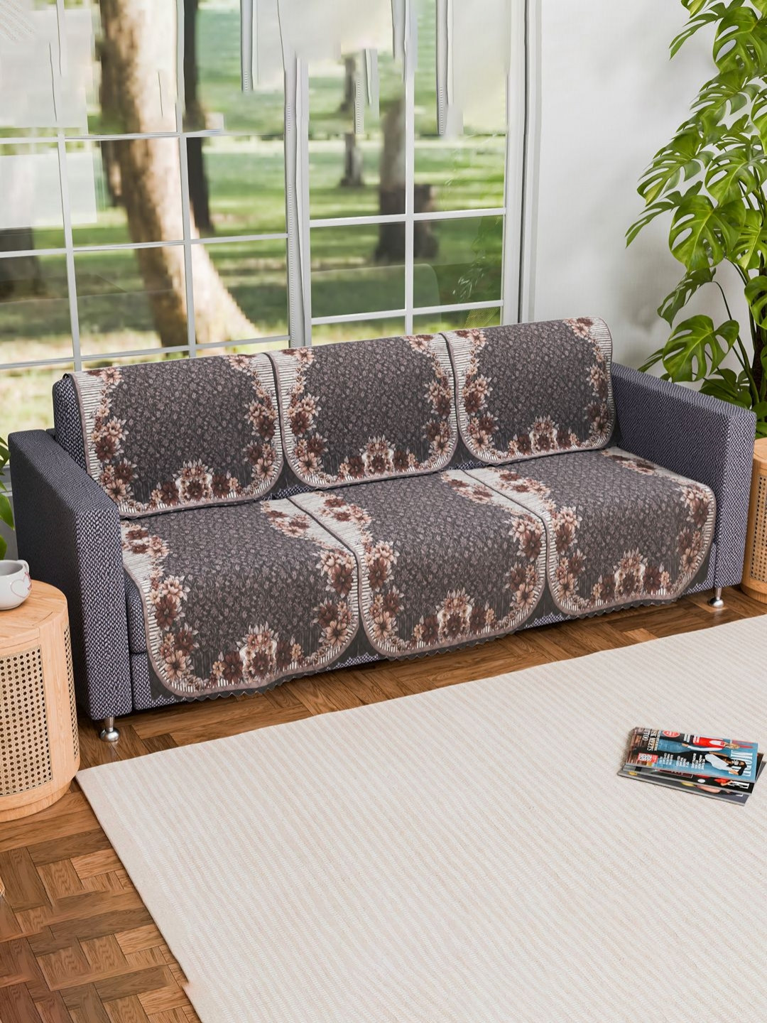 Aura Olive Green & Brown 6 Pieces Floral Printed 3 Seater Sofa Covers