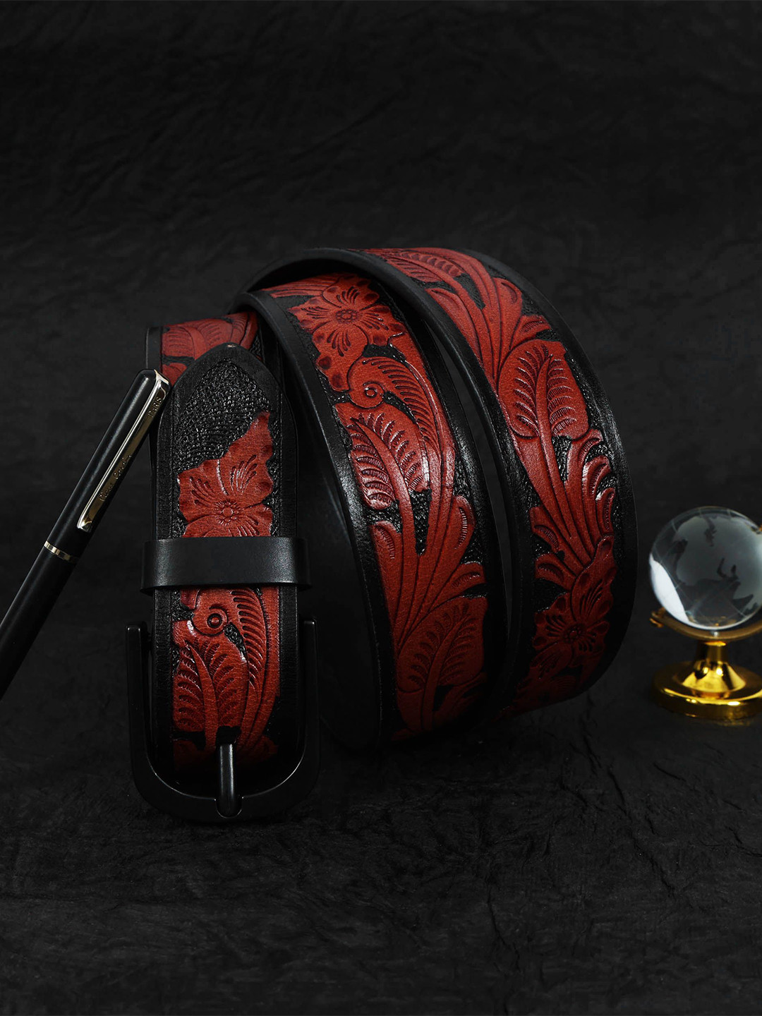 Celtic Women Red Textured Leather Belt Tang Closure  Elegant and Durable