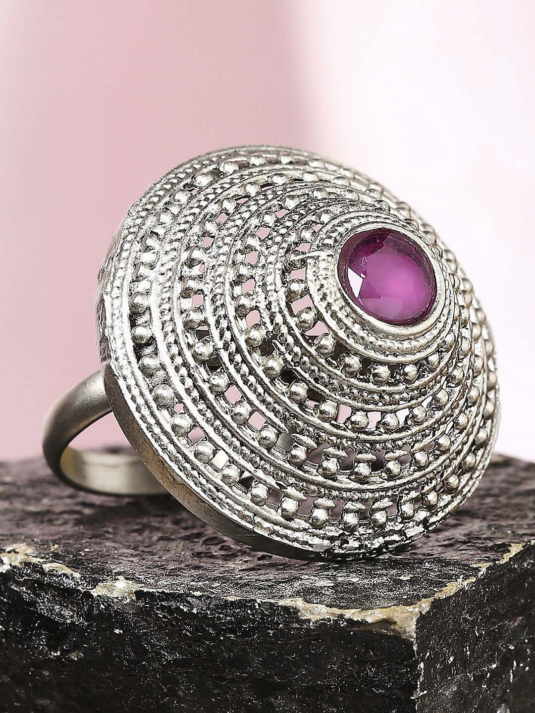 Sangria Oxidised Silver 3D Design Afghan Theme Adjustable Finger Ring