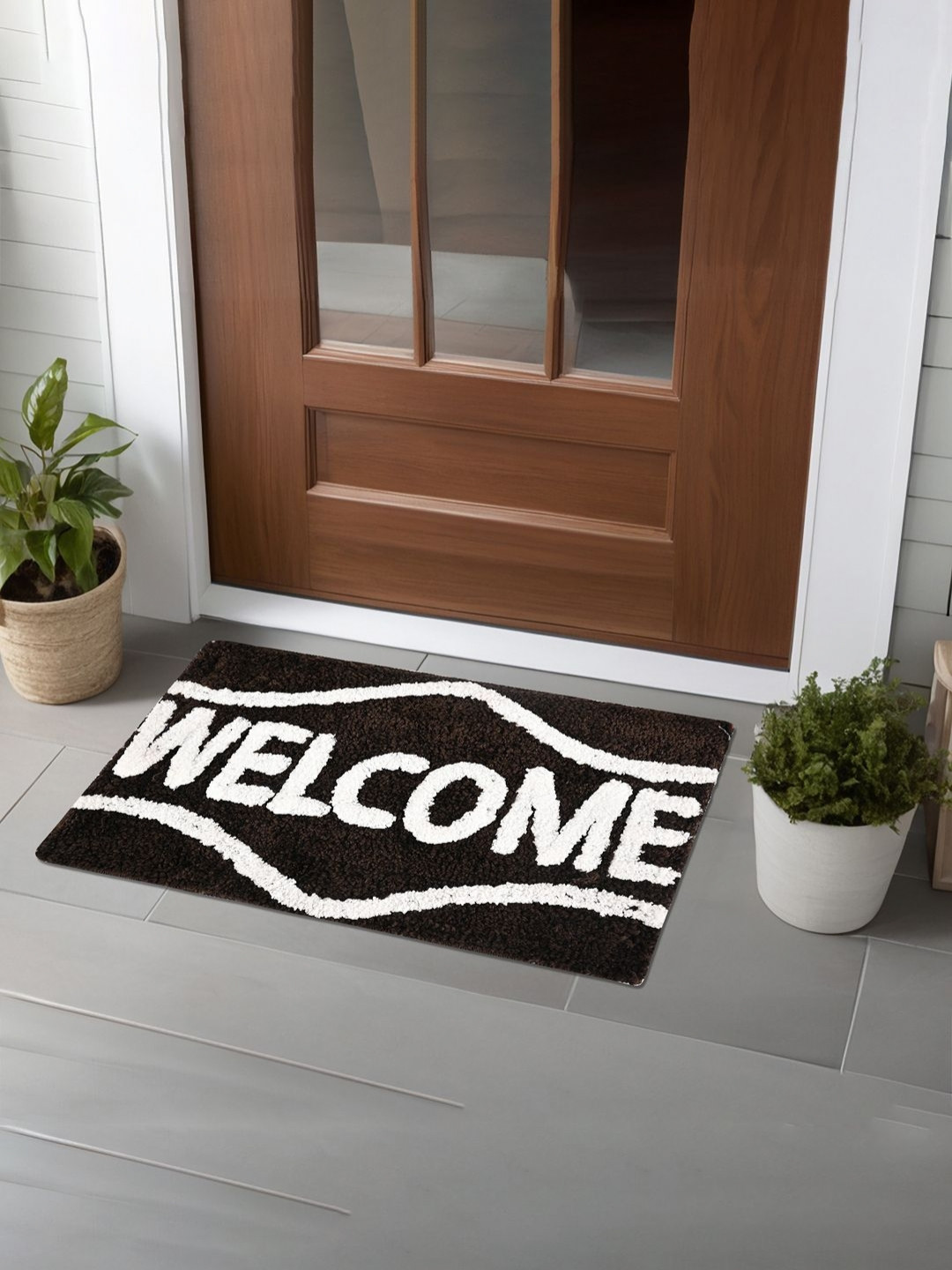 Aura Brown & White Welcome Microfiber Rectangle Soft Anti-Skid Doormat