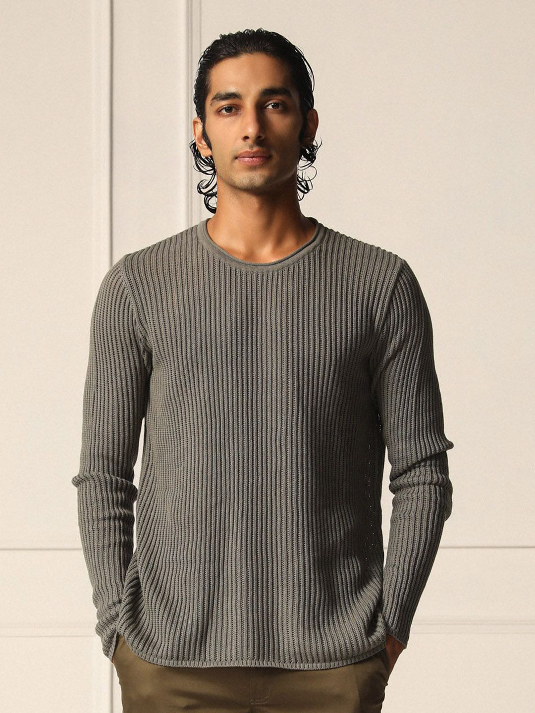 PRIMAL GRAY Men Ribbed Round Neck Pullover